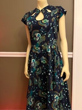 Navy peacock swing dress